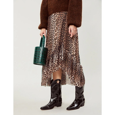 Shop Ganni Black And Brown All-over Leopard Print Tilden Mesh Wrap Skirt In Black/brown