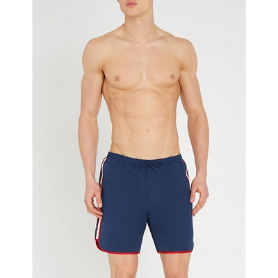 Shop Gucci Logo-taped Side Relaxed-fit Swim Shorts In Navy Red
