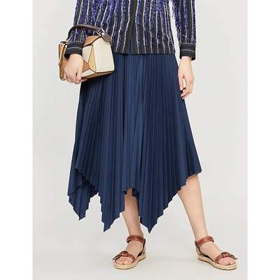 Shop Loewe Pleated Crepe Midi Skirt In Navy Blue