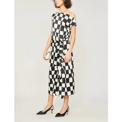 Shop Oscar De La Renta One-shoulder Ruffled Checked Silk-satin Dress In Ecru Black