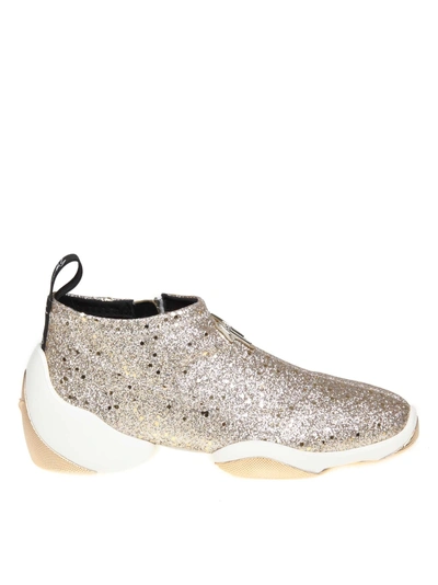Shop Giuseppe Zanotti Sneakers In Glittered Fabric Platinum Color
