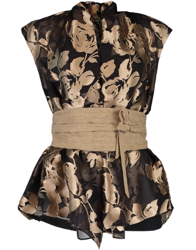 Shop Brunello Cucinelli Silk Flower Wrap Corset Top In Blk-beig