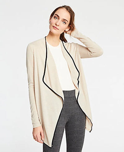 Shop Ann Taylor Petite Piped Draped Open Cardigan In Beachside Khaki Heather