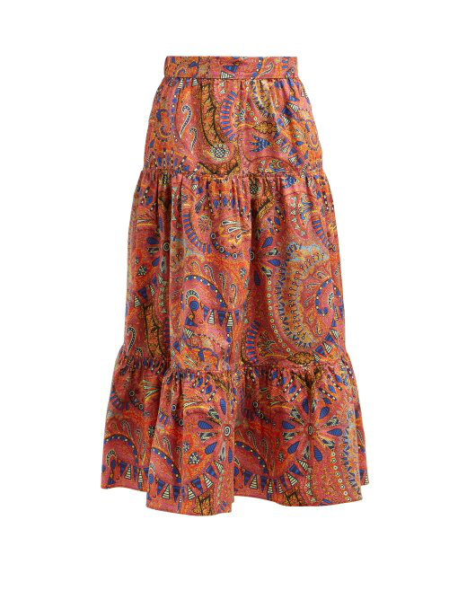 Etro Paisley-Print Mid-Rise Tiered Midi Skirt In Pink | ModeSens