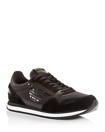 Shop Armani Collezioni Men's Suede Low-top Sneakers In Solid Black