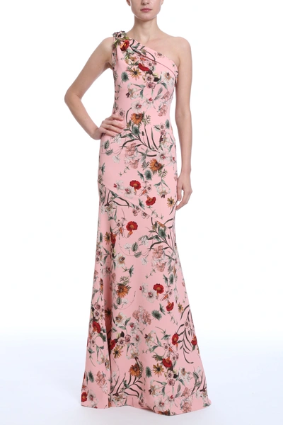 Shop Badgley Mischka Floral One Shoulder Gown In Rose Multi