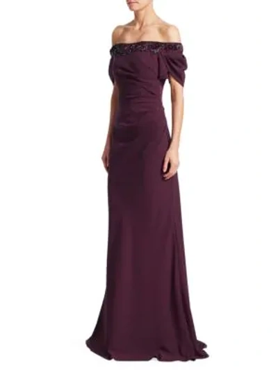 Shop Theia Off-the-shoulder Ruched Gown In Plum