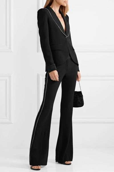 Shop Rachel Zoe Jagger Crystal-embellished Satin-trimmed Crepe Flared Pants In Black