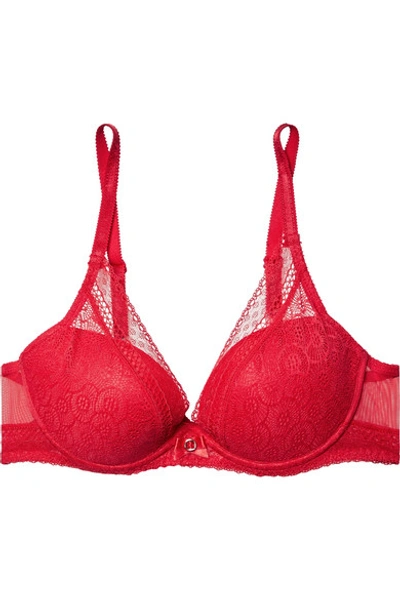 Shop Chantelle Festivité Stretch-lace And Tulle Underwired Plunge Bra In Red