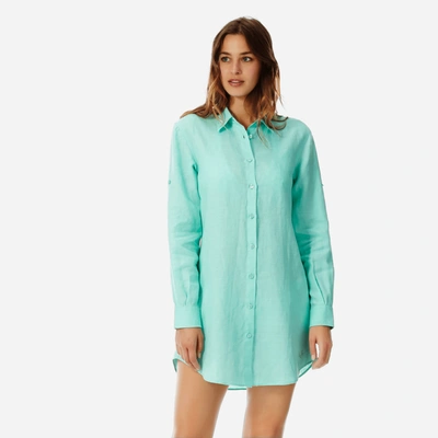 Shop Vilebrequin Women Ready To Wear - Women Long Linen Shirt Solid - Shirt Dress - Fragance In Green