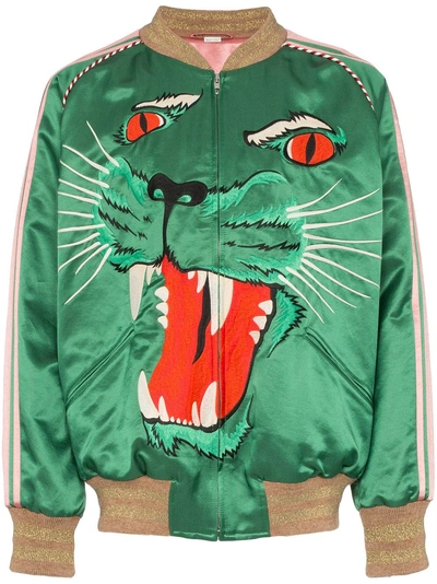 Shop Gucci Tiger Face Embroidered Bomber Jacket - Green