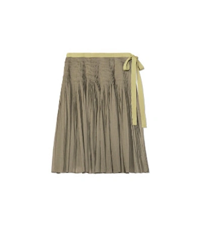 Shop Tory Burch Pleated Cotton Wrap Skirt In Light Agave