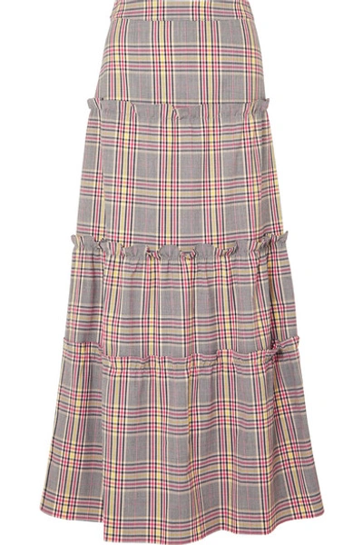 Shop Paper London Ruffled Checked Woven Maxi Skirt In Navy