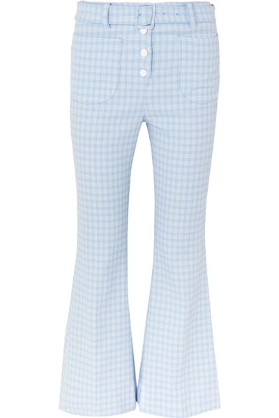 Shop Sara Battaglia Checked Stretch-cotton Cloqué Flared Pants In Blue