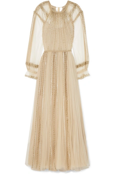 Shop Valentino Pleated Sequined Tulle Gown In Beige