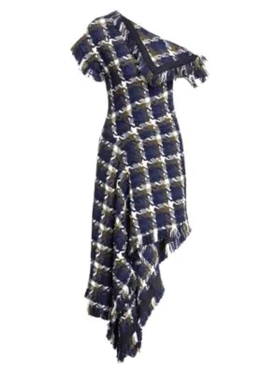Shop Monse Asymmetric Tweed Dress In Navy Olive