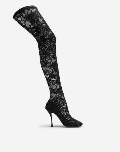 Shop Dolce & Gabbana Stretch Lace And Gros Grain Boots In Black