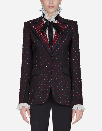 Shop Dolce & Gabbana Single-breasted Wool Blazer With Heat-applied Rhinestones In Black
