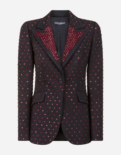 Shop Dolce & Gabbana Single-breasted Wool Blazer With Heat-applied Rhinestones In Black