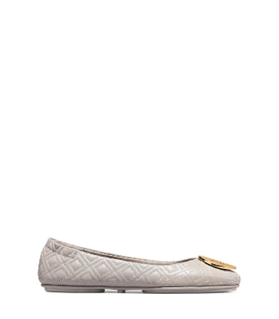 Shop Tory Burch Minnie Travel Ballet Flats, Quilted Leather In Dust Storm/gold