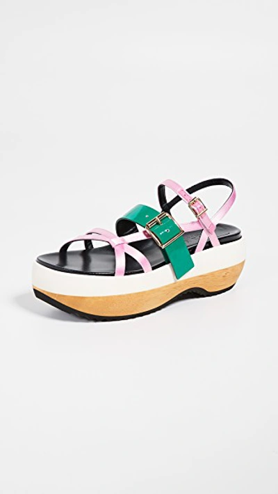 Shop Marni Wedge Sandals In Light Pink/forest Green