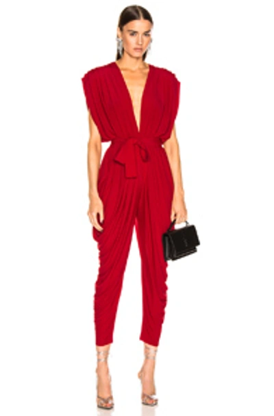 Shop Norma Kamali Square Sleeve Waterfall Jumpsuit In Red