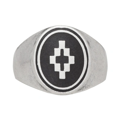 Shop Marcelo Burlon County Of Milan Silver And Black Cross Ring In 9110 Sil/bk
