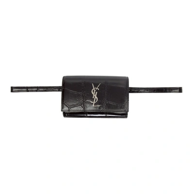 Shop Saint Laurent Black Croc Kate Belt Bag In 1000 Black