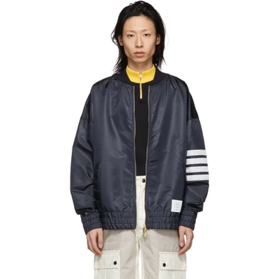 Shop Thom Browne Navy Ripstop Oversized 4-bar Bomber Jacket In 415 Navy