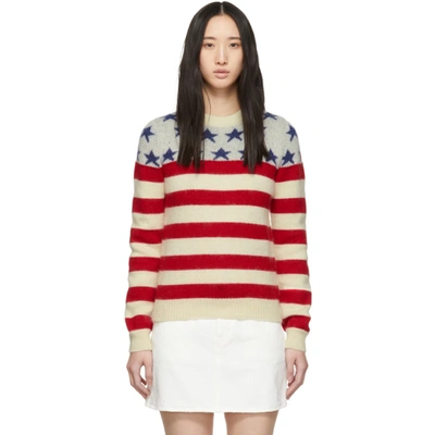 Shop Saint Laurent White Jacquard Flag Sweater In 9542 Red