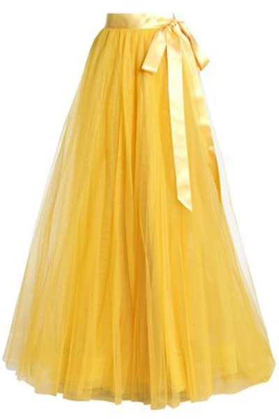Shop Jenny Packham Woman Satin-trimmed Tulle Maxi Skirt Yellow