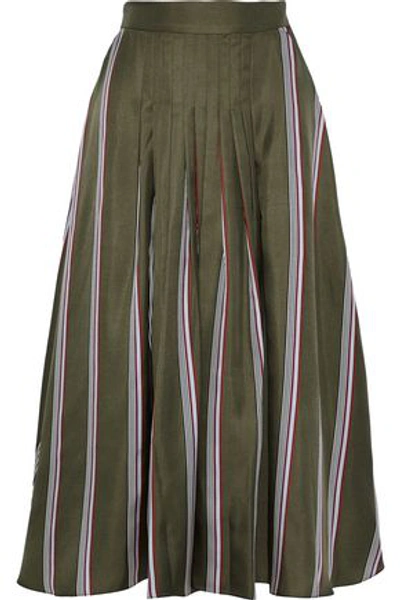 Shop Roksanda Woman Thaki Pleated Striped Silk-twill Midi Skirt Army Green