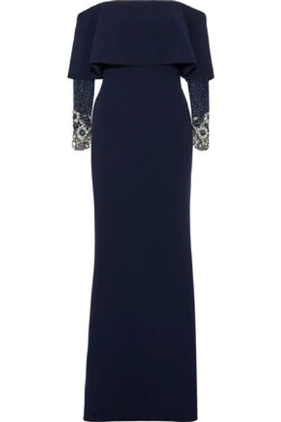 Shop Badgley Mischka Woman Off-the-shoulder Embellished Tulle-paneled Stretch-cady Gown Navy