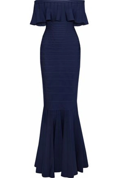 Shop Herve Leger Hervé Léger Woman Off-the-shoulder Crochet-trimmed Bandage Dress Navy