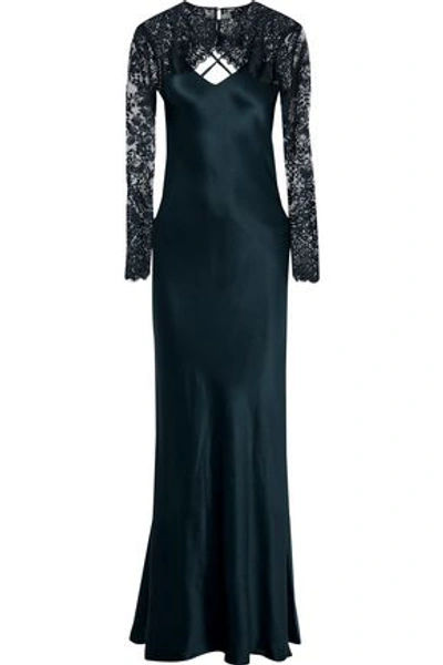 Shop Michelle Mason Woman Layered Lace And Silk-charmeuse Gown Storm Blue