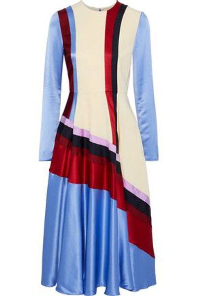 Shop Roksanda Etta Striped Silk-satin, Cady And Twill Midi Dress In Light Blue