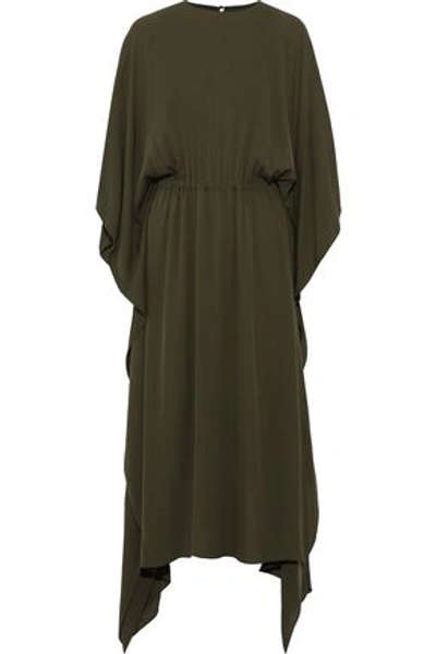 Shop Valentino Woman Asymmetric Draped Silk-crepe Midi Dress Army Green