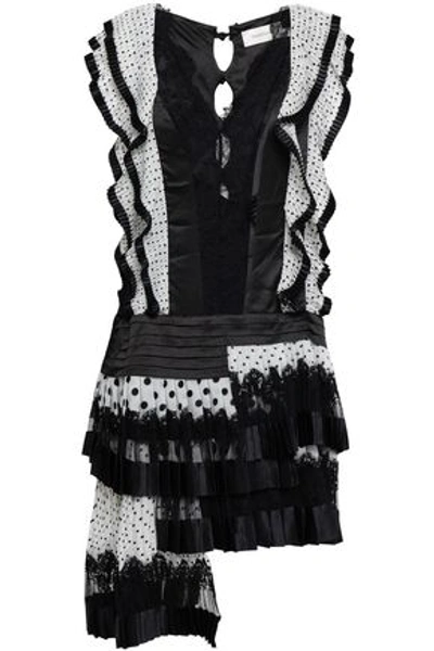 Shop Zimmermann Pleated Polka-dot Silk Organza, Satin And Lace Mini Dress In Black