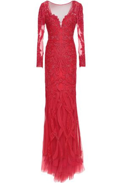 Shop Zuhair Murad Embellished Silk-blend Tulle Gown In Red