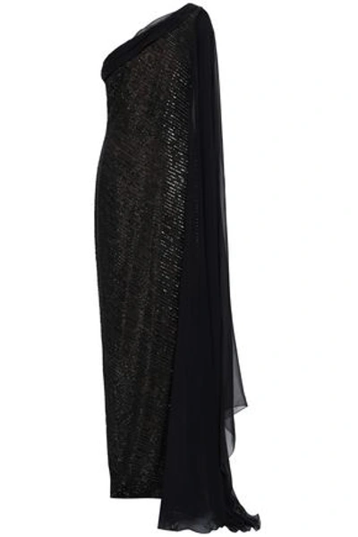 Shop Reem Acra Woman Embellished One-shoulder Silk-chiffon Gown Black
