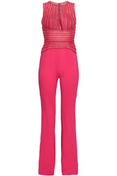 Shop Zuhair Murad Woman Embellished Silk-blend Tulle And Cady Jumpsuit Bright Pink