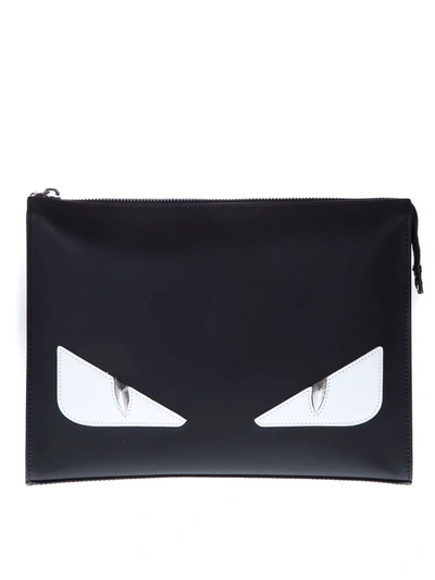 Shop Fendi Bag Bugs Black Leather Clutch In Black/white