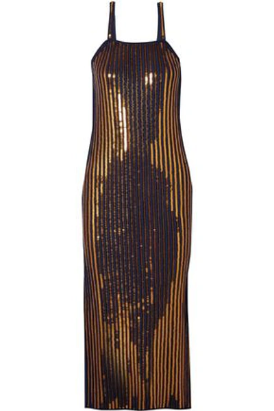 Shop Cedric Charlier Sequined Ribbed Stretch-knit Midi Dress In Navy