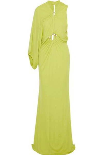 Shop Roberto Cavalli Woman One-shoulder Draped Embellished Stretch-jersey Gown Chartreuse