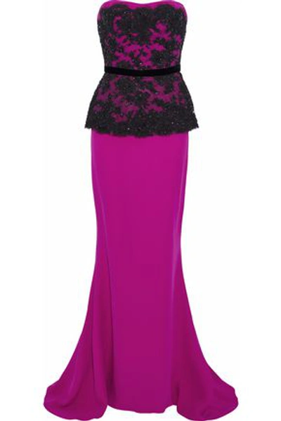 Shop Reem Acra Woman Strapless Layered Embellished Lace And Cotton-blend Gown Magenta