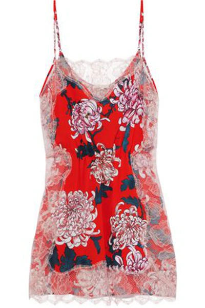 Shop Fleur Du Mal Woman Lace-trimmed Floral-print Silk Crepe De Chine Chemise Red