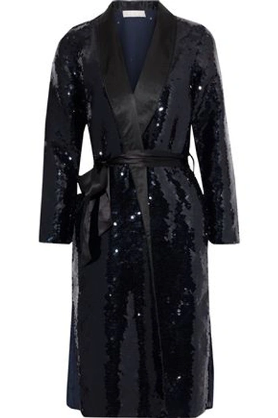 Shop Fleur Du Mal Woman Silk Satin-trimmed Sequined Chiffon Robe Midnight Blue