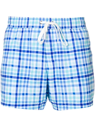Shop Moschino Checked Swim Shorts In Blue