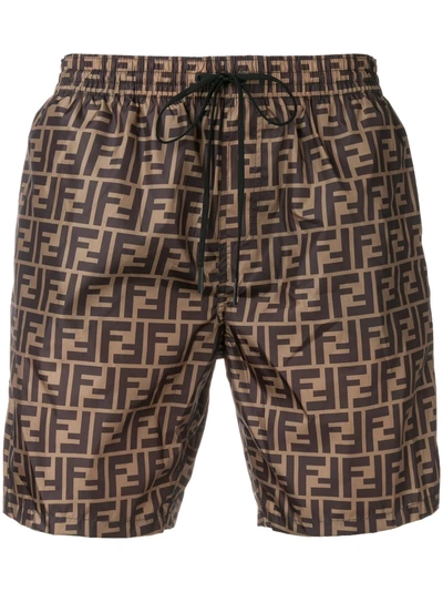 Shop Fendi Monogram Print Shorts In Brown