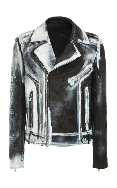 Balmain Spray Leather Perfecto And Studs Denim Jacket In Black | ModeSens